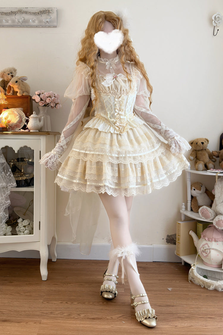 Aprikose [Girl Love] Doppellagiges Lolita-Ballettrock-Set mit Schleife und Spitze