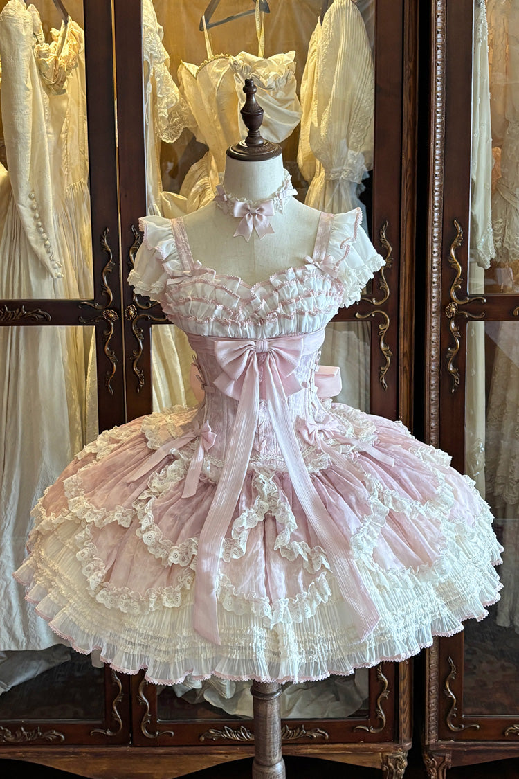 Rosa [Floral Dream] Kurze Ärmel, mehrlagige Rüschen, Stickerei, Schleife, Schnürung, süßes, elegantes Ballett-Lolita-JSK-Kleid