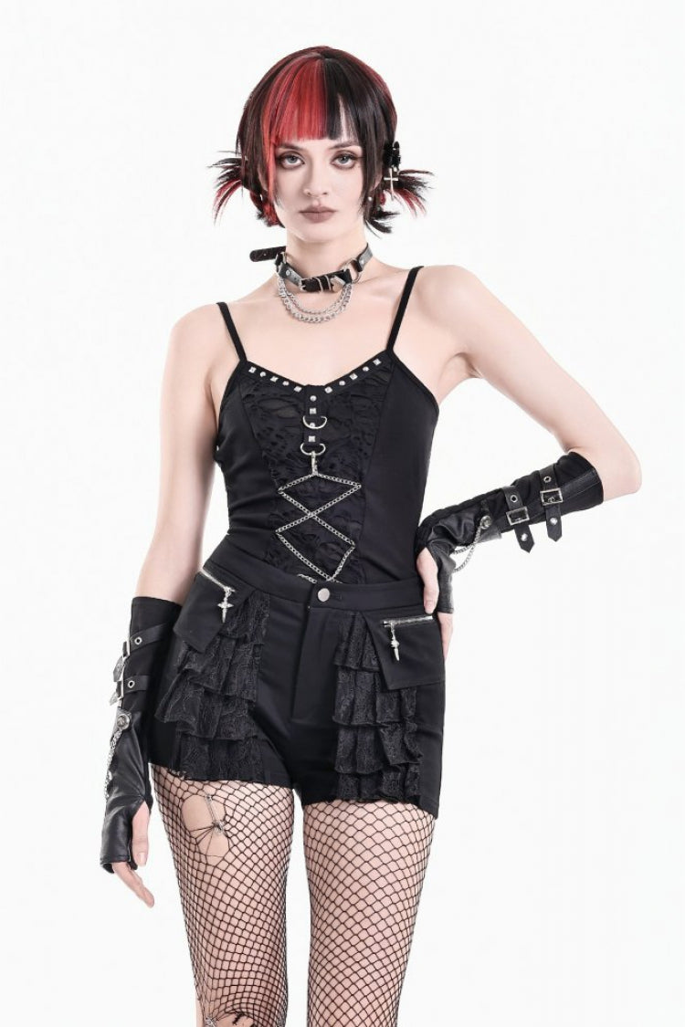 Black Women's Punk Multi-Layered Lace Ruffled Shorts with Cross Zipper Pockets
