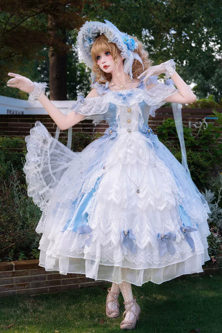 Bleu Océan [Illusion Glazée] Épaules Dénudées Dos Nu Sans Manches Multicouche Imprimé Style De Mariage Brodé Ouvert Devant Noeud Dentelle Perle Détail Douce Robe Lolita
