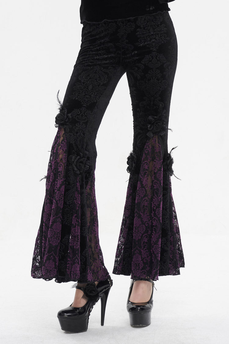 Black/Purple Printed Lace Embroidered Women's Gothic Flared Pants