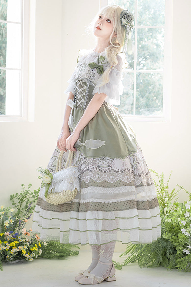 Green [Teacup Rabbit] Multi-Layered Print Ruffle Embroidery Bowknot Lace Asymmetric Sweet Elegant Lolita Jsk Dress