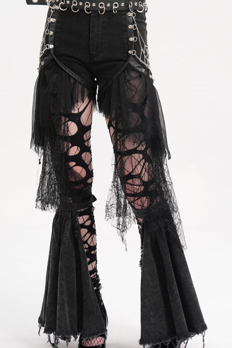 Schwarze Gothic-Shorts mit unregelmäßigem Netzstoff und zerrissenem Saum für Damen