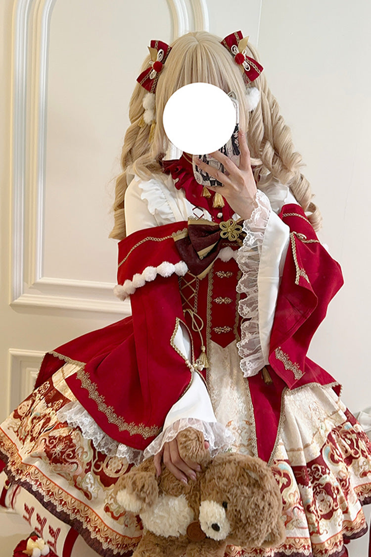 Red [New Year] Print Ruffle Bowknot Lace-Up Sweet Chinese Style Lolita Jsk Dress