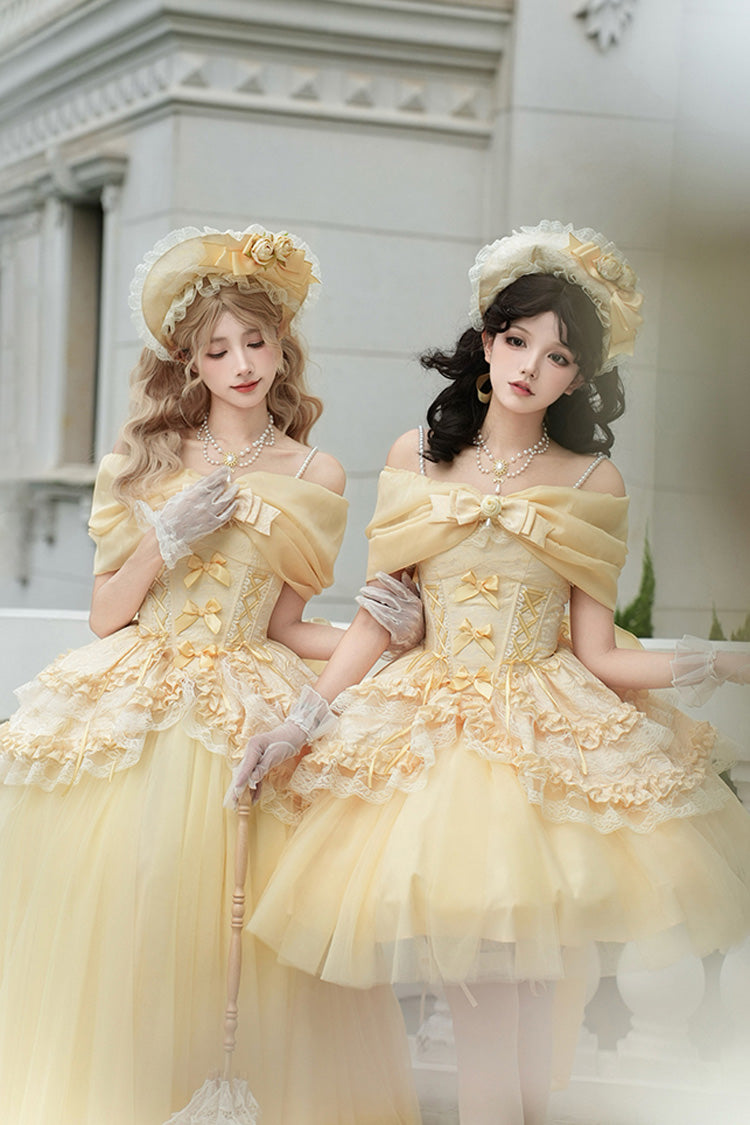 Yellow [Sissi's Pilgrimage] Off Shoulder Ruffle Bowknot Lace Sweet Lolita Skirt (Short Version)