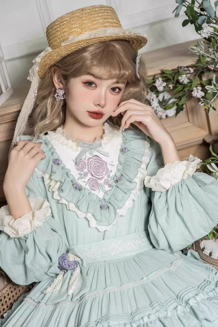 Green Long Sleeves Ruffle Embroidery Bowknot Sweet Plus Size Elegant Lolita Dress