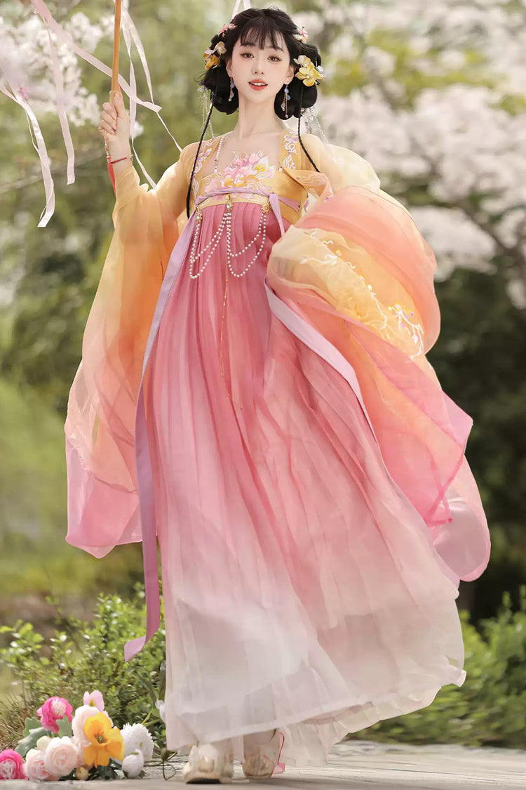 Jaune/rose [Légendes de la dynastie Tang] ensemble de robe Hanfu classique brodée imprimée taille haute pour femmes