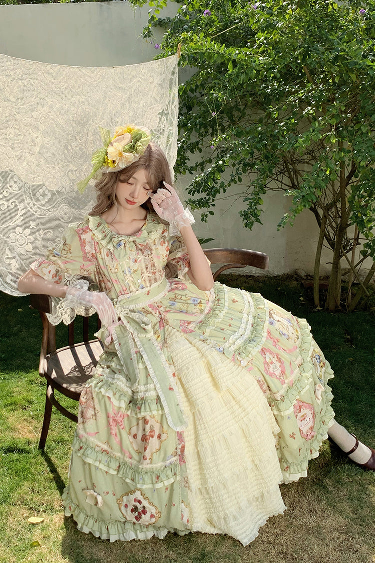 Robe Lolita douce et magnifique à manches courtes avec imprimé à volants et nœud papillon [Thé de Rose Chat Vert] 