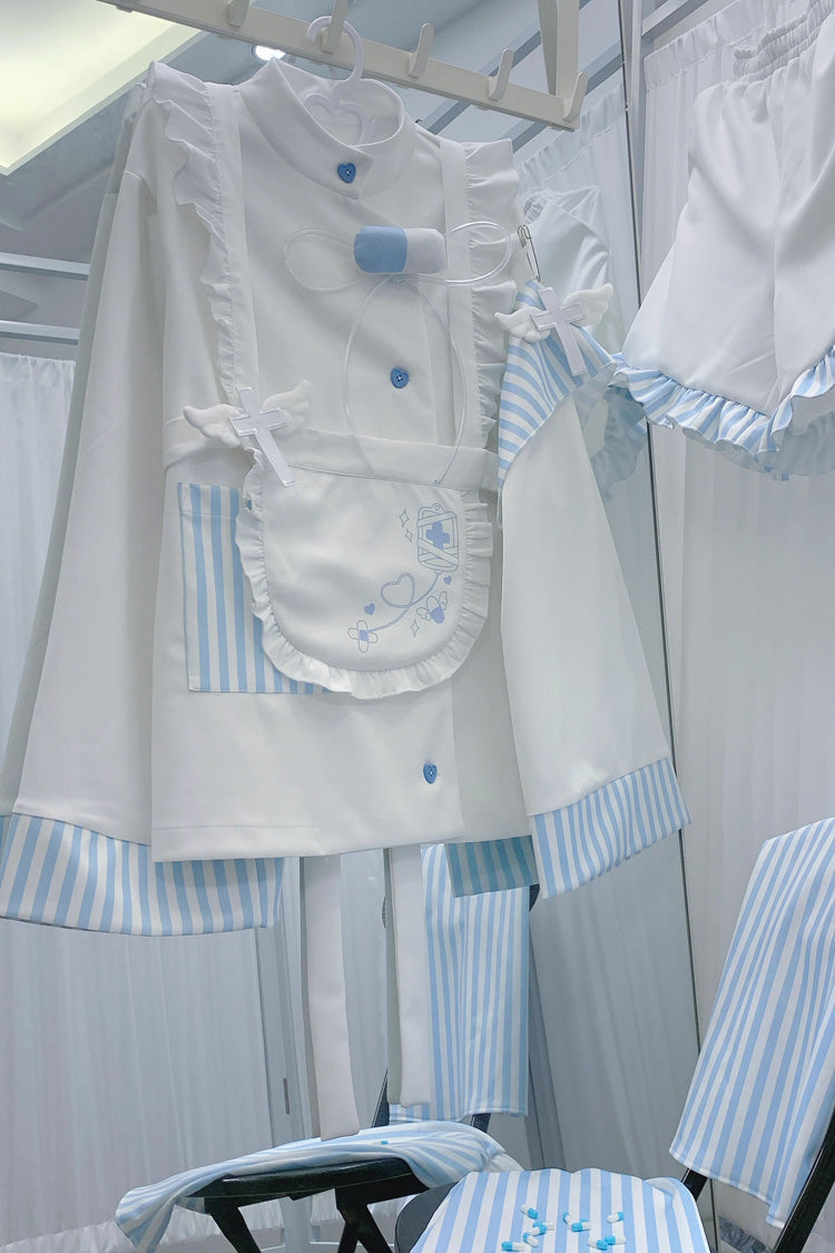 White/Blue Medical Angel Long Sleeves Print Loose Sweet Jirai Kei Japanese Set