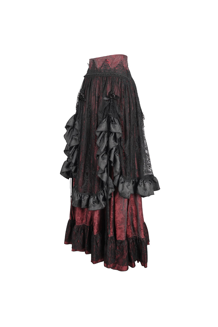 Black/Red Ruffle Lace Drawstring Women's Gothic Skirt