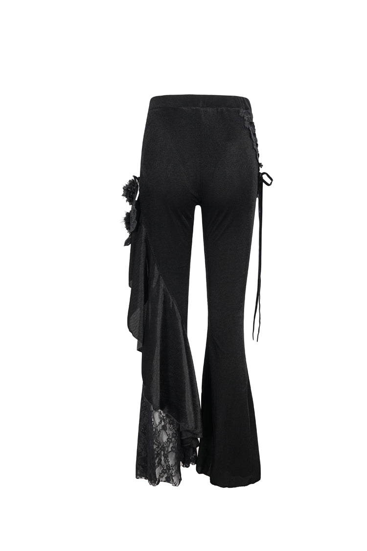 Black Velvet Single Side Stitching Rose Net Side Rope Decoration Asymmetric Pattern Flare Women's Gothic Pants