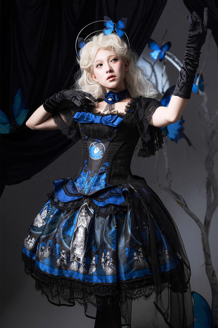 Blue [Dark Moon Corridor] Print Embroidery Gothic Lolita Dress Skirt