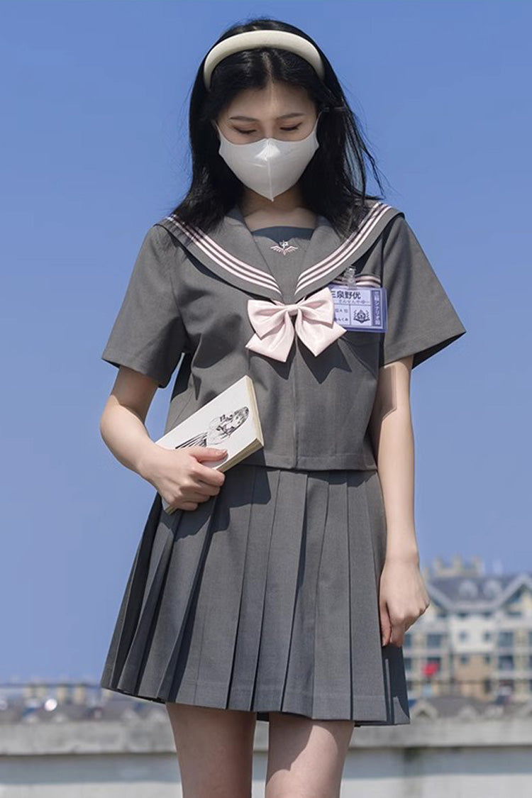 Grey Sweet College Style Navy Collar Japanese School Pleated Skirt