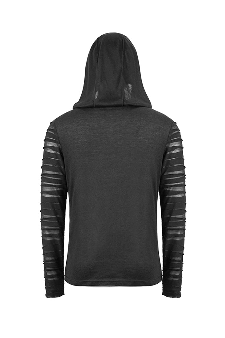 Black Collar Metal Button Irregular Striped Patchwork Bandage Hooded Men's Punk T-Shirt