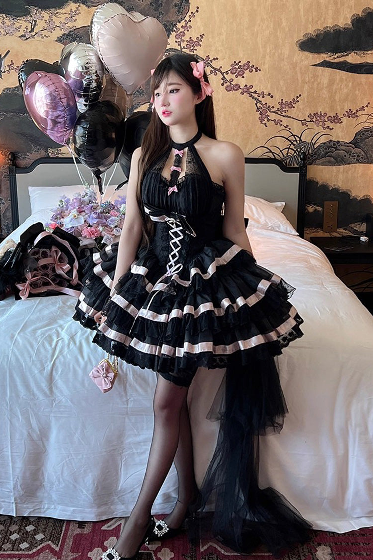 Black [Ballet Dream] Halterneck Triple-Layered Ruffle Bowknot Lace-Up Sweet Princess Lolita Dress