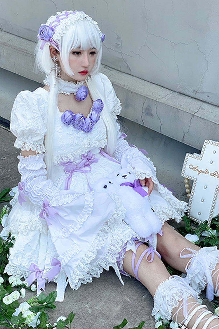 White/Purple Puff Short Sleeves Princess Gothic Lolita Tiered Dress