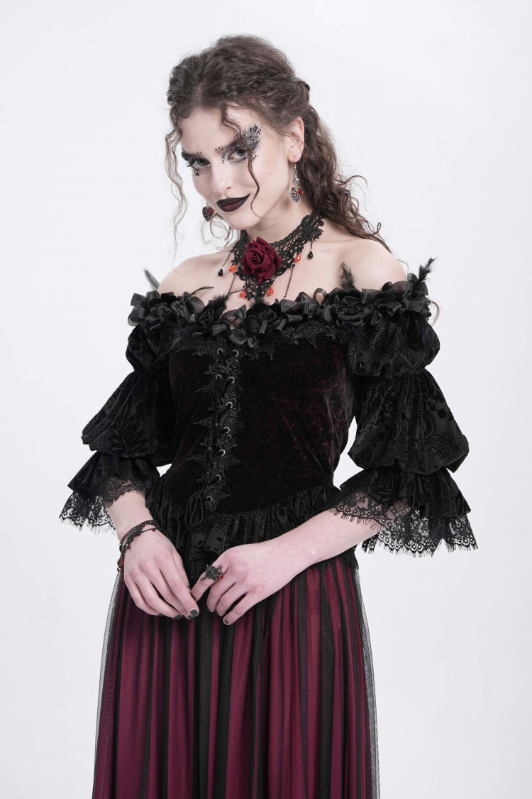 Red Off Shoulder Long Sleeves Ruffle Embroidery Lace-Up Women's Gothic Blouse