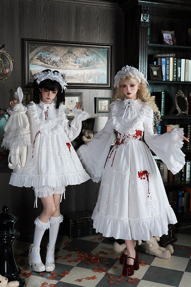 White [Cross Doll] Long Hime Sleeves Ruffle Lace Gothic Lolita Dress Set 2 Versions
