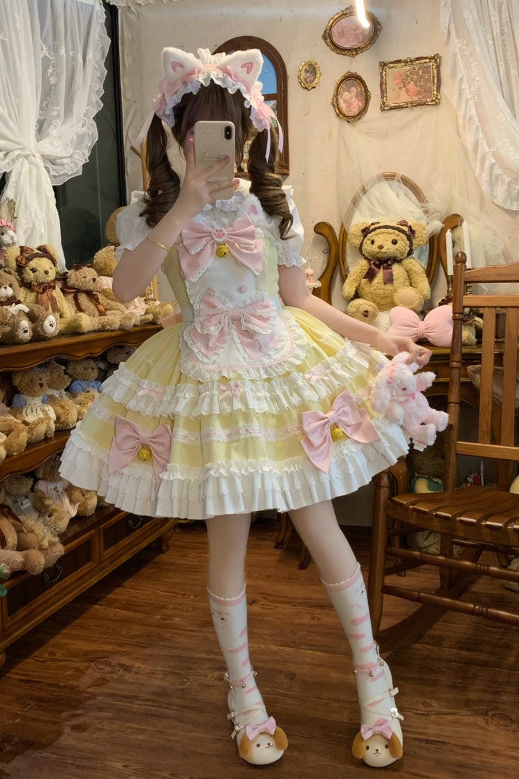Yellow [Meowling Sweet Maid] Sleeveless Multi-Layered Ruffle Bowknot Lace Sweet Princess Lolita Jsk Dress