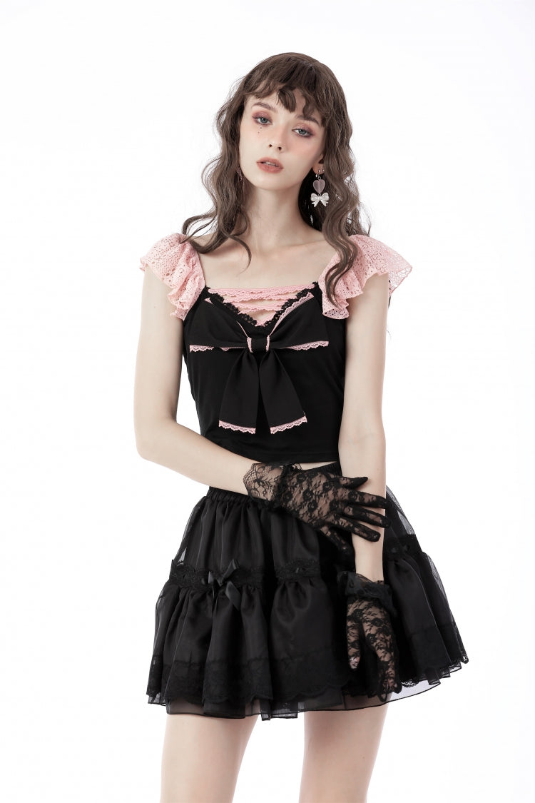 Black Women's Gothic Lolita Bowknot Multi-Layered Lace Trim Mini Skirt