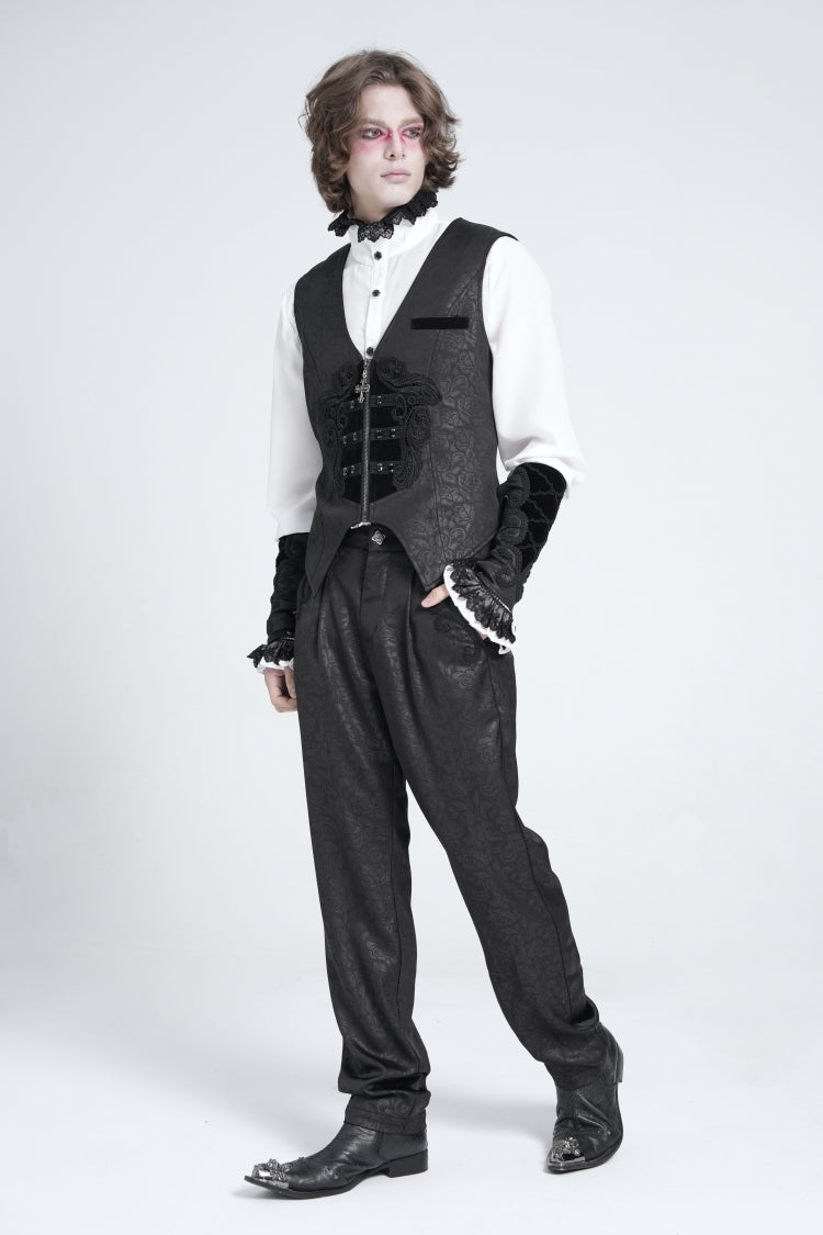 Black Floral Print Embroidery Men's Gothic Suit Pants