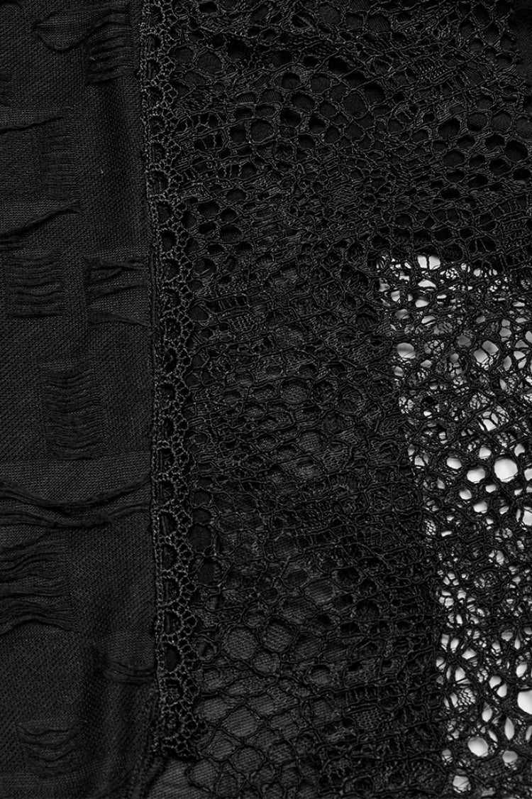 Black Sleeveless Lace Irregular Ripped Women's Gothic Party Slip Dress