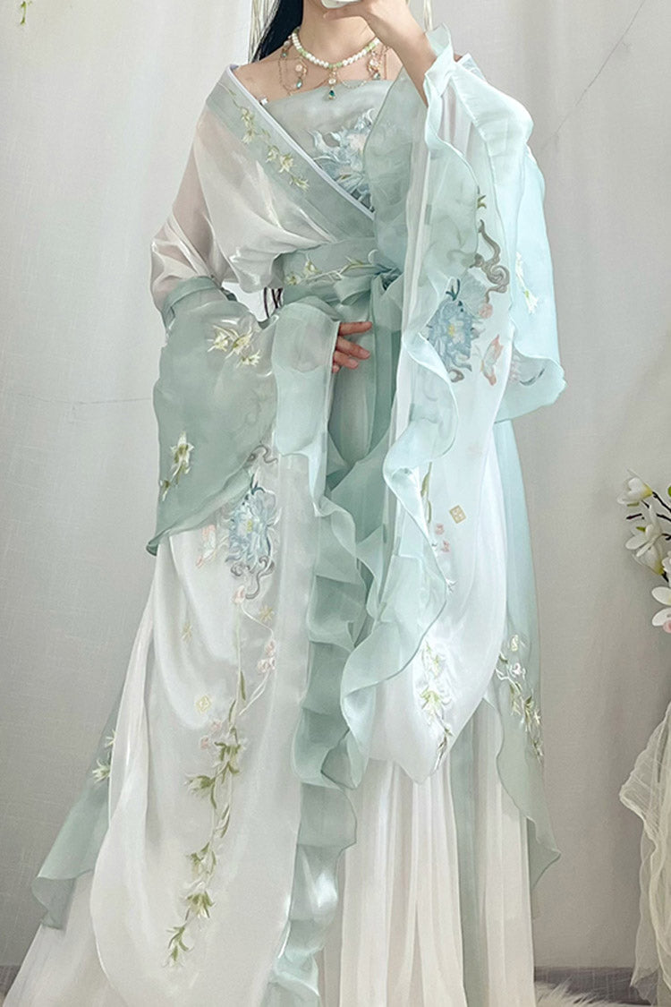 Green High Waisted Print Embroidery Sweet Hanfu Dress Full Set