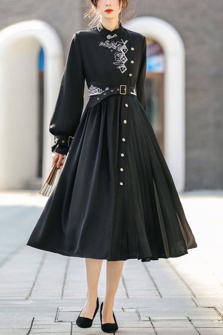 黒の神秘的な長袖中国風シングルブレストハイウエストプリント漢服ドレス