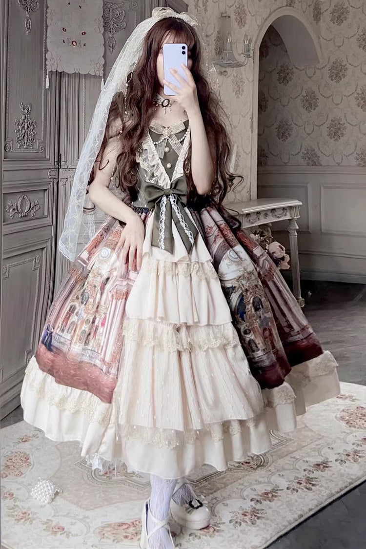 Brown Versailles Palace Oil Painting Print Ruffle Cardigan Bowknot Sweet Elegant Lolita Jsk Dress