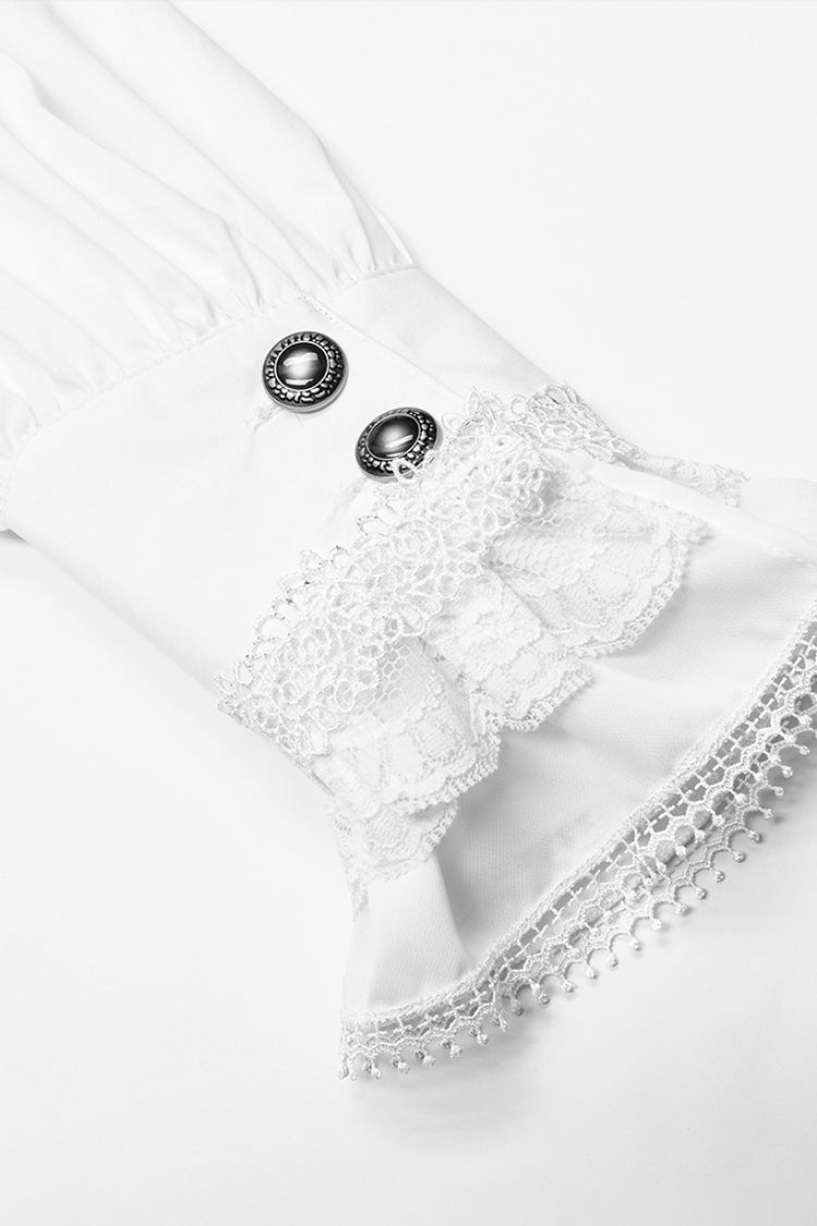 Weiße schmale Gothic-Bluse mit Stehkragen und Laternenärmeln für Herren