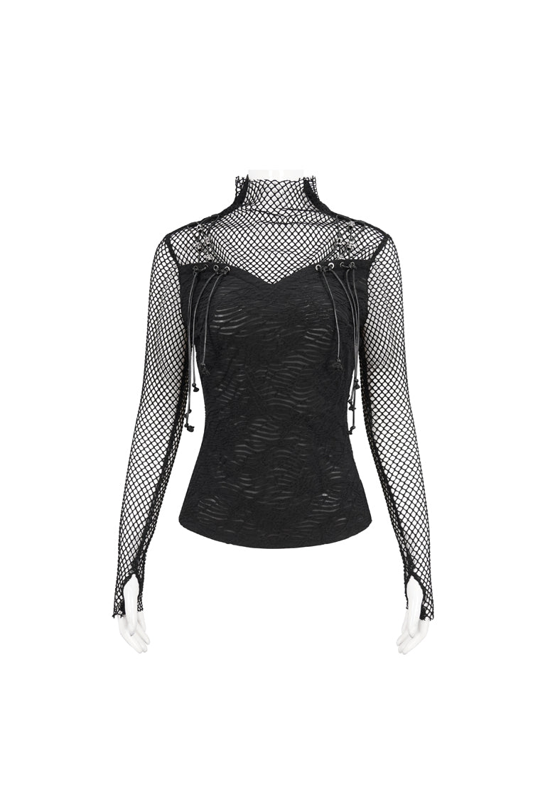 Black Turtleneck Adjustable Faux Suspenders Textured Knit Mesh Women's Punk T-Shirt