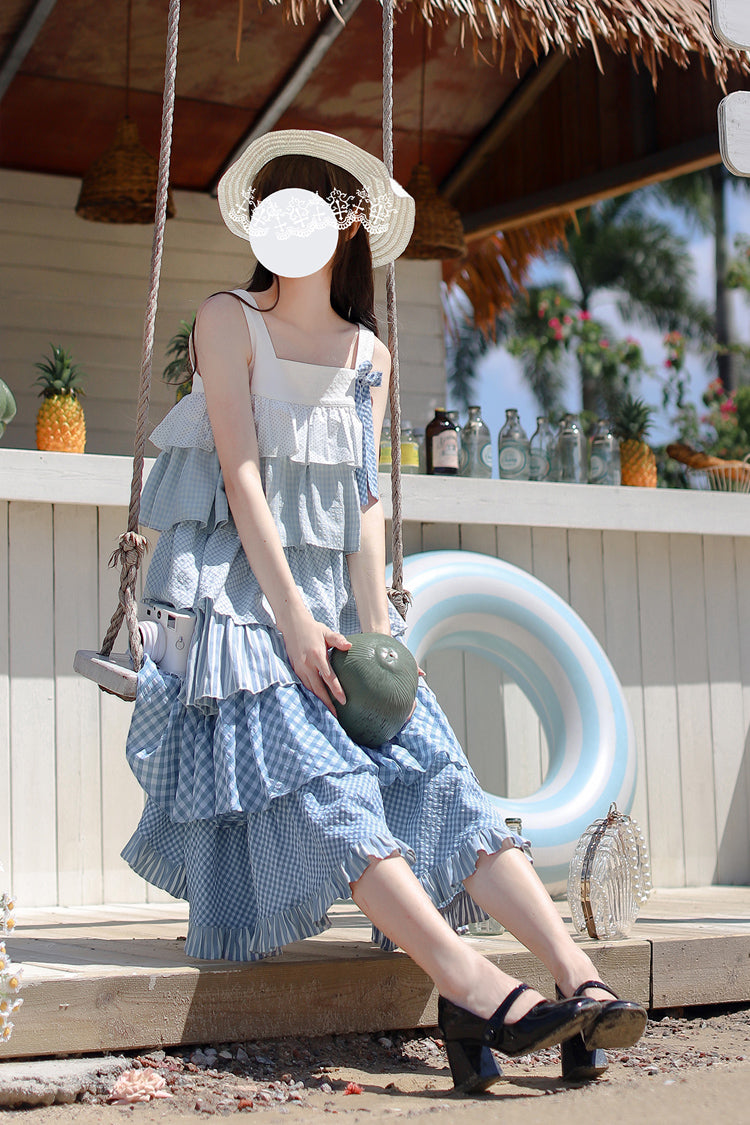 Blue [Go To The Beach] Multi-Layered Print Ruffle Holiday Sweet Lolita Jsk Dress