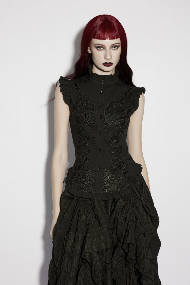 Black Stand Collar Sleeveless Ruffled Embroidered Lace-Up Slim Fit Women's Gothic Elegant Royal Blouse