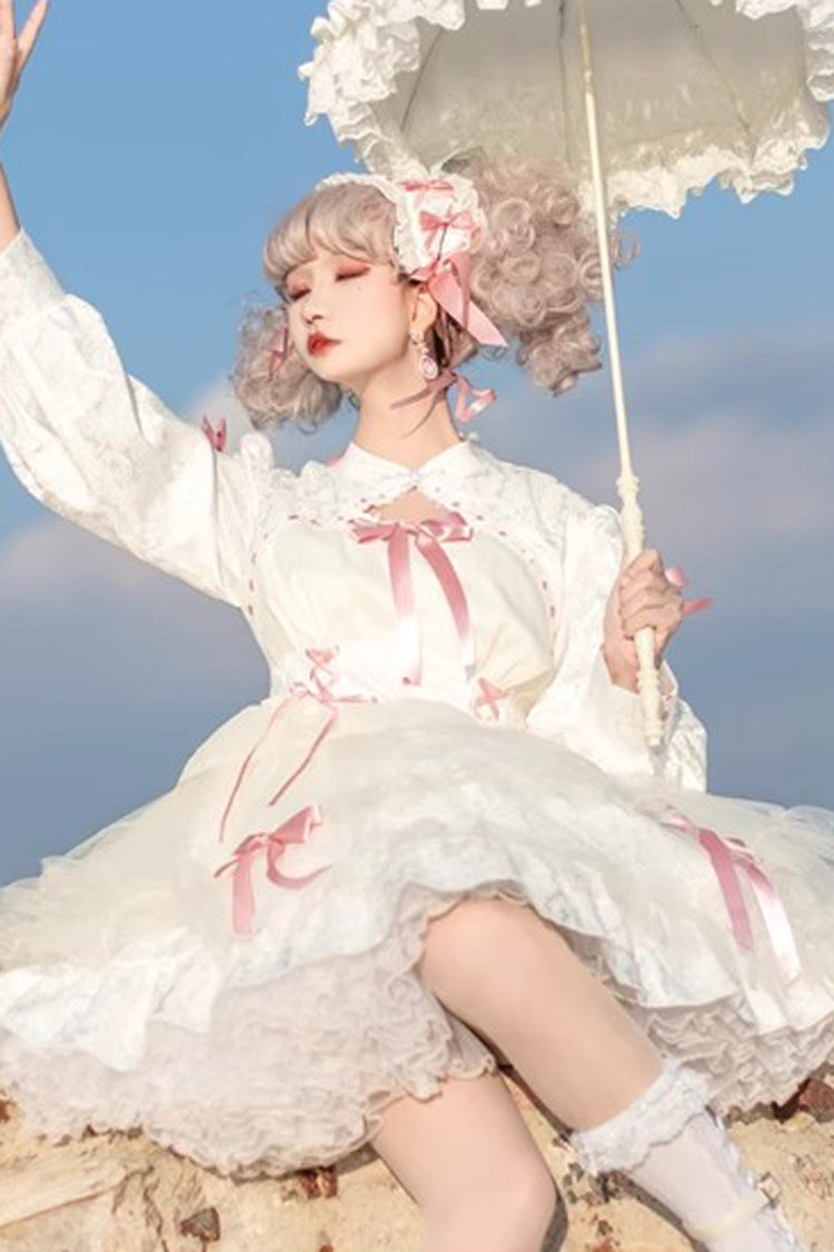 [Love Song] Long Sleeves Multi-Layered Jacquard Ruffle Bowknot Sweet Gothic Lolita Dress 3 Colors