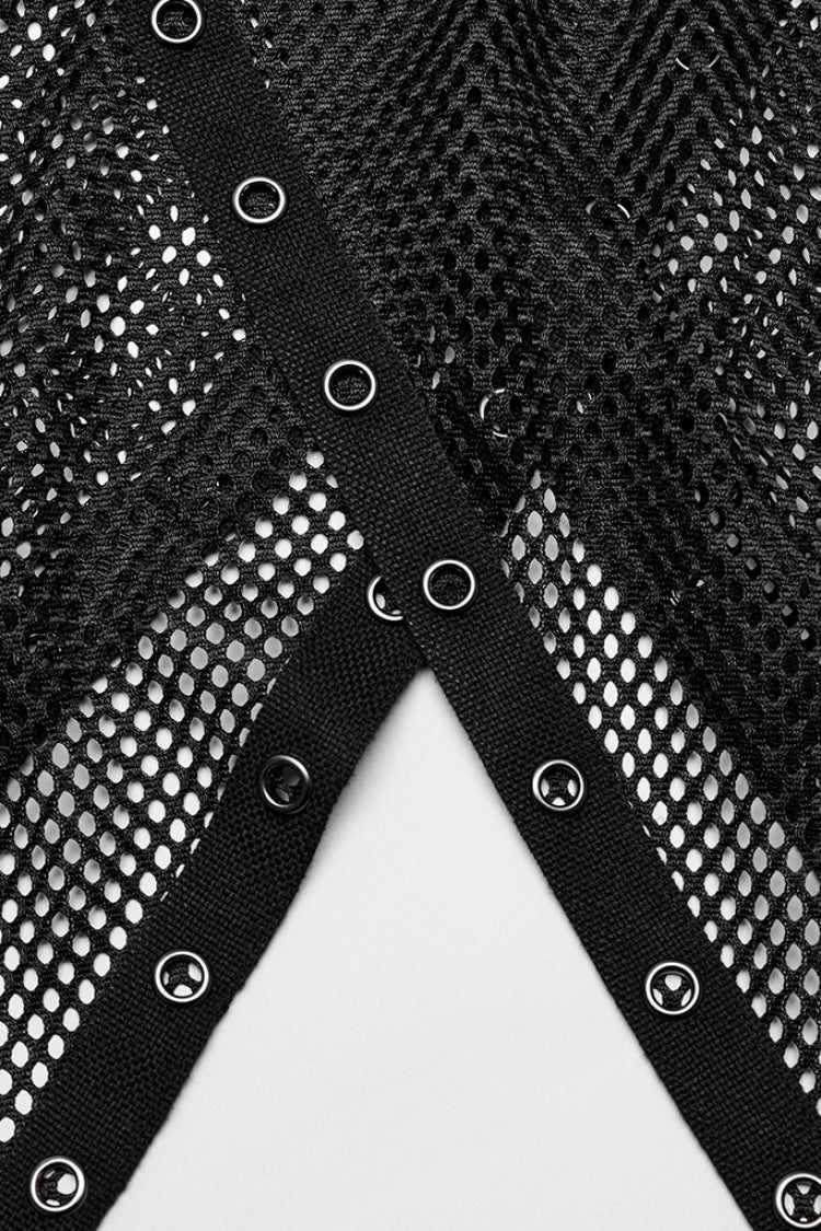 Black Sleeveless Irregular Hooded Mesh Eyelet Men's Punk Vest