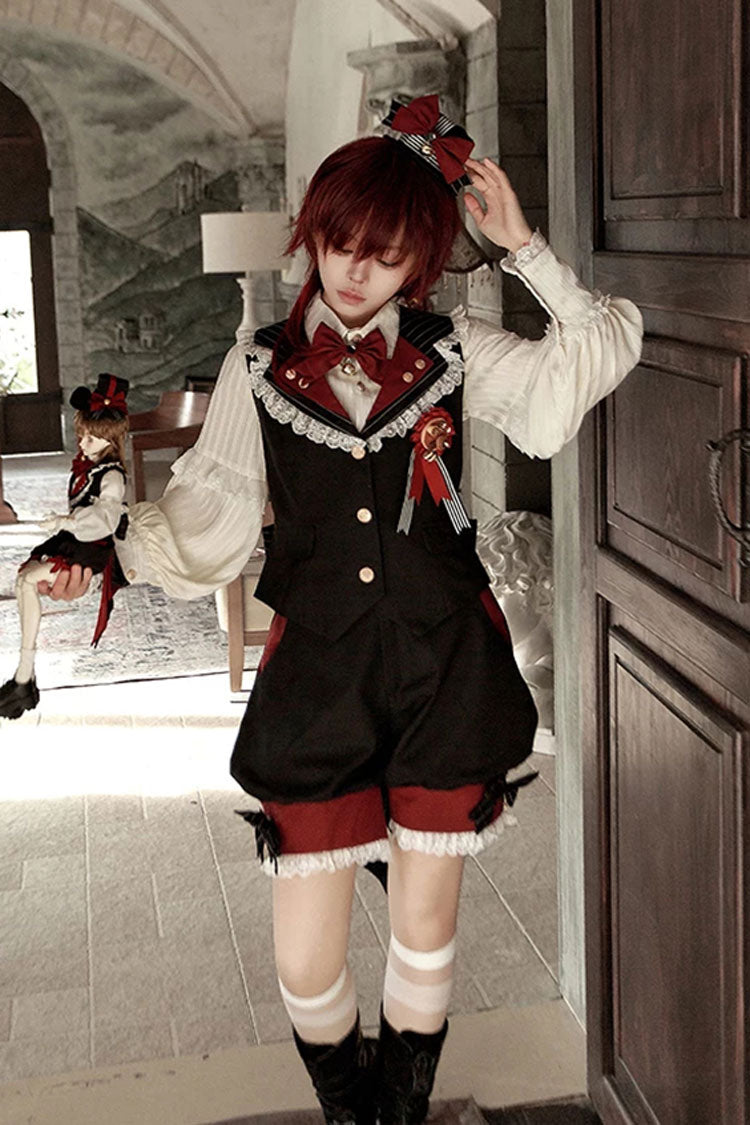 Red/Black [Candy Shop] V Collar Sleeveless Bow Lace Sweet Ouji Lolita Shorts Vest Set