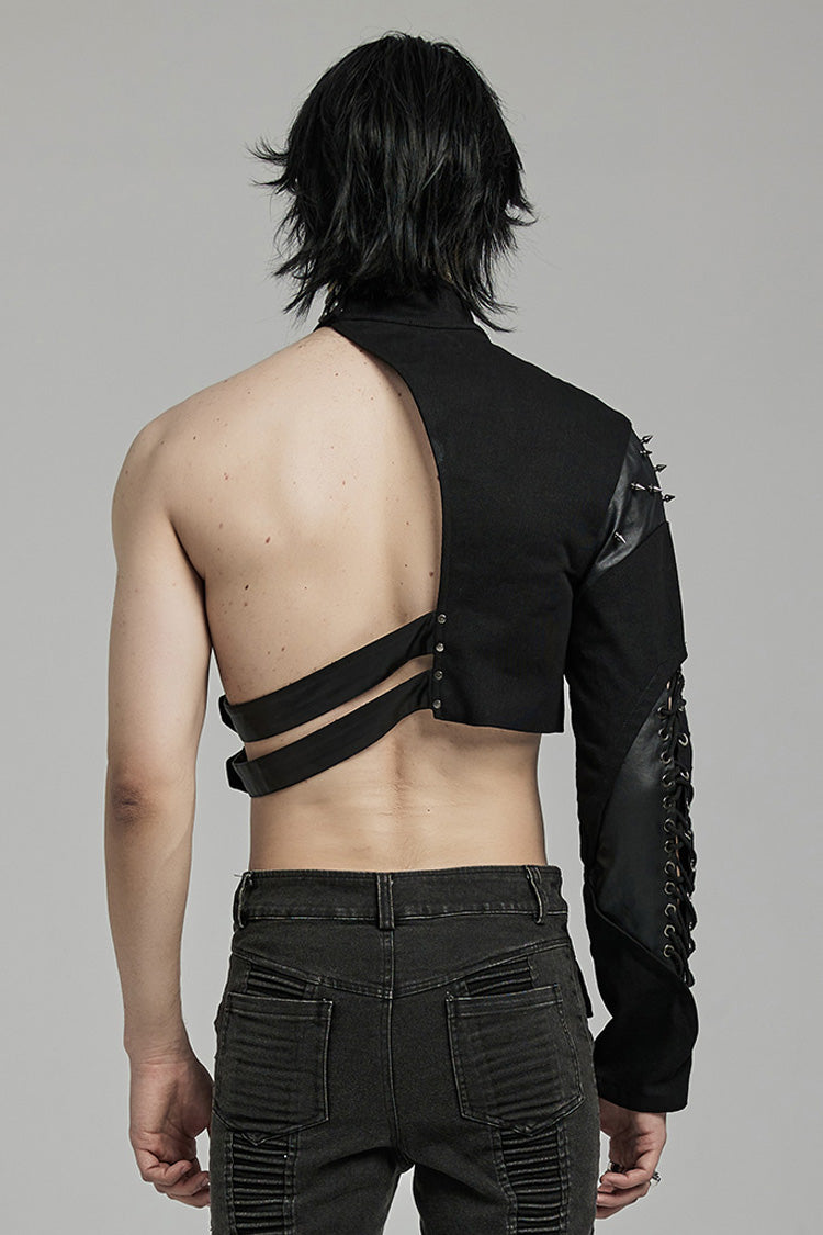Black Stand Collar Asymmetric Rivet Buckle Men's Punk Faux Leather Harness