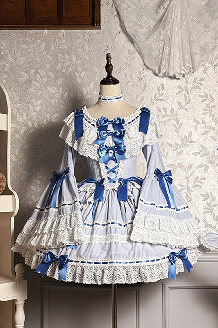 Blue/White [Rabbit Sleeping Doll] Long Trumpet Sleeves Ruffle Bowknot Lace Sweet Lolita Dress