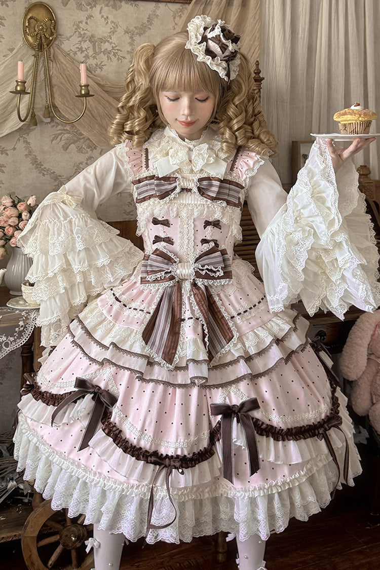 Pink [Shengqiao Tata] Sleeveless Print Ruffle Bowknot Lace-Up Sweet Elegant Lolita Jsk Dress