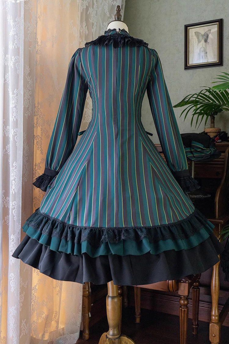 Point Manor Stand Collar Long Sleeves Multi-layer Striped Print Ruffle Gothic Lolita Dress 4 Colors