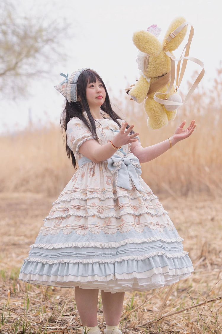 Blue/Apricot [Harvest Bear] Print Short Sleeves Multi-Layered Ruffle Bowknot Sweet Plus Size Lolita Dress 2 Versions