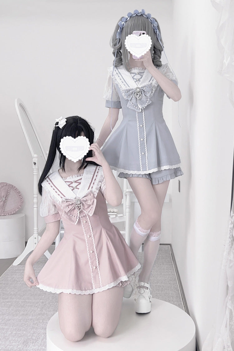 Sweet Short Sleeves Print Bowknot Jirai Kei Japanese Dress Set 3 Colors