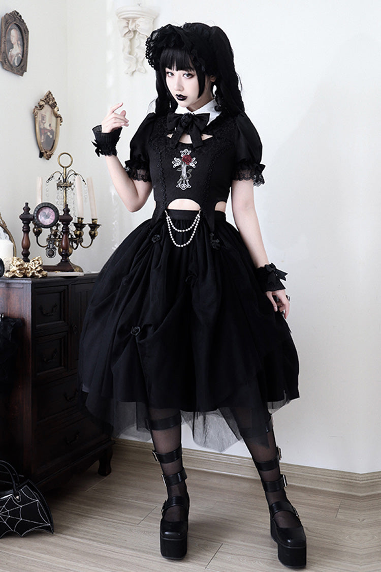 Black Rose Embroidered Cutout Top Irregular Short Sleeves Gothic Lolita Dress Set
