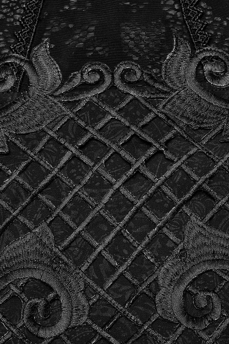 Schwarzes schulterfreies Gothic-Kleid mit Print-Nähten und unregelmäßigem Netzstoff für Damen