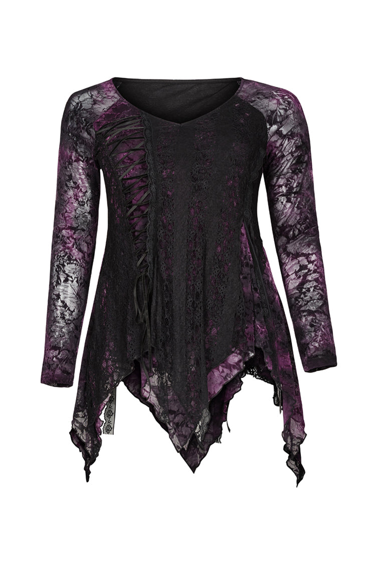 Lilafarbenes V-Ausschnitt-Vorderteil, gespleißte Rosenspitze, Netzstoff an der Rückseite, Schnürung an der Taille, unregelmäßiger Saum, Übergröße, gestricktes Gothic-T-Shirt für Damen