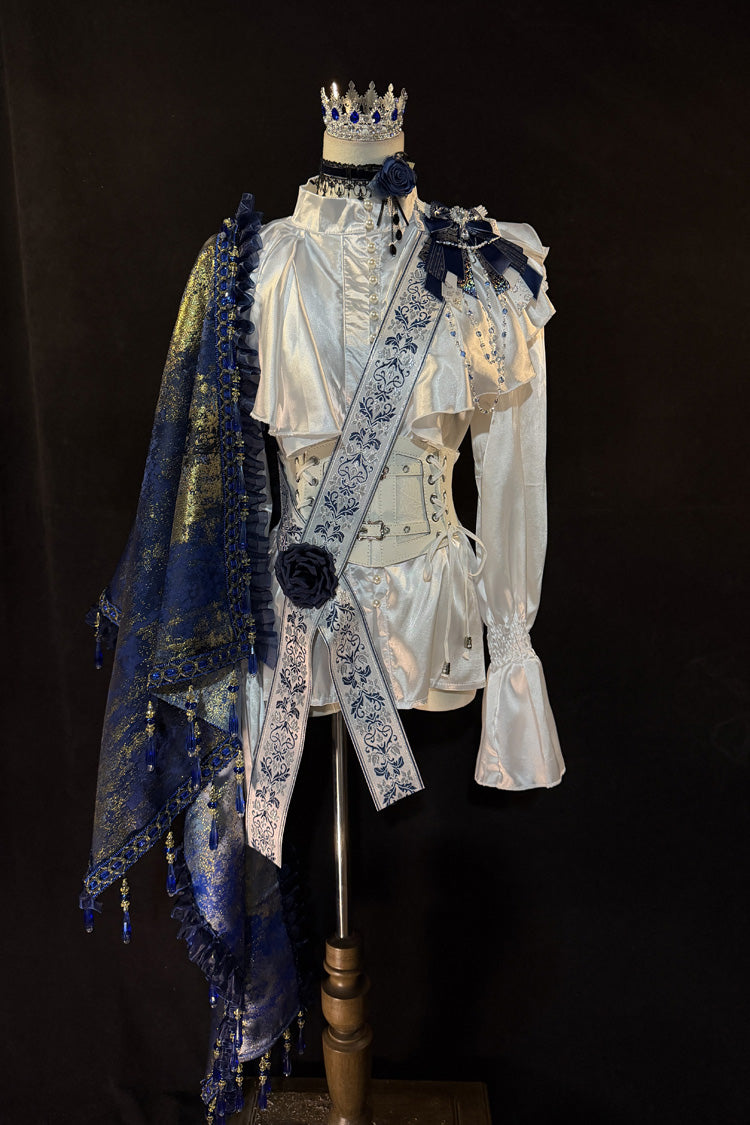 White/Blue [Royal Knight] Stand Collar Long Sleeves Gothic Vintage Cool Lolita Set