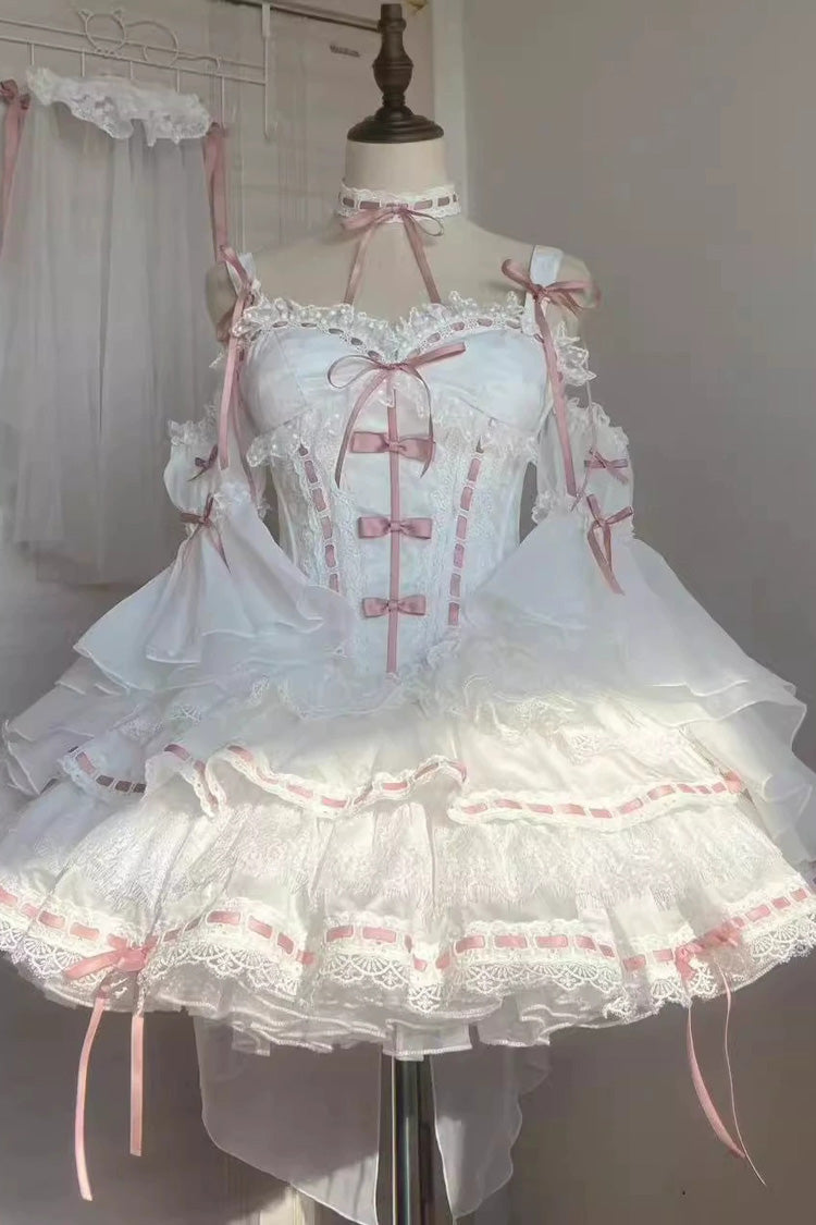 White [Little Love Song] Detachable Trumpet Sleeves Ruffle Bowknot Lace Sweet Lolita Top Skirt Set