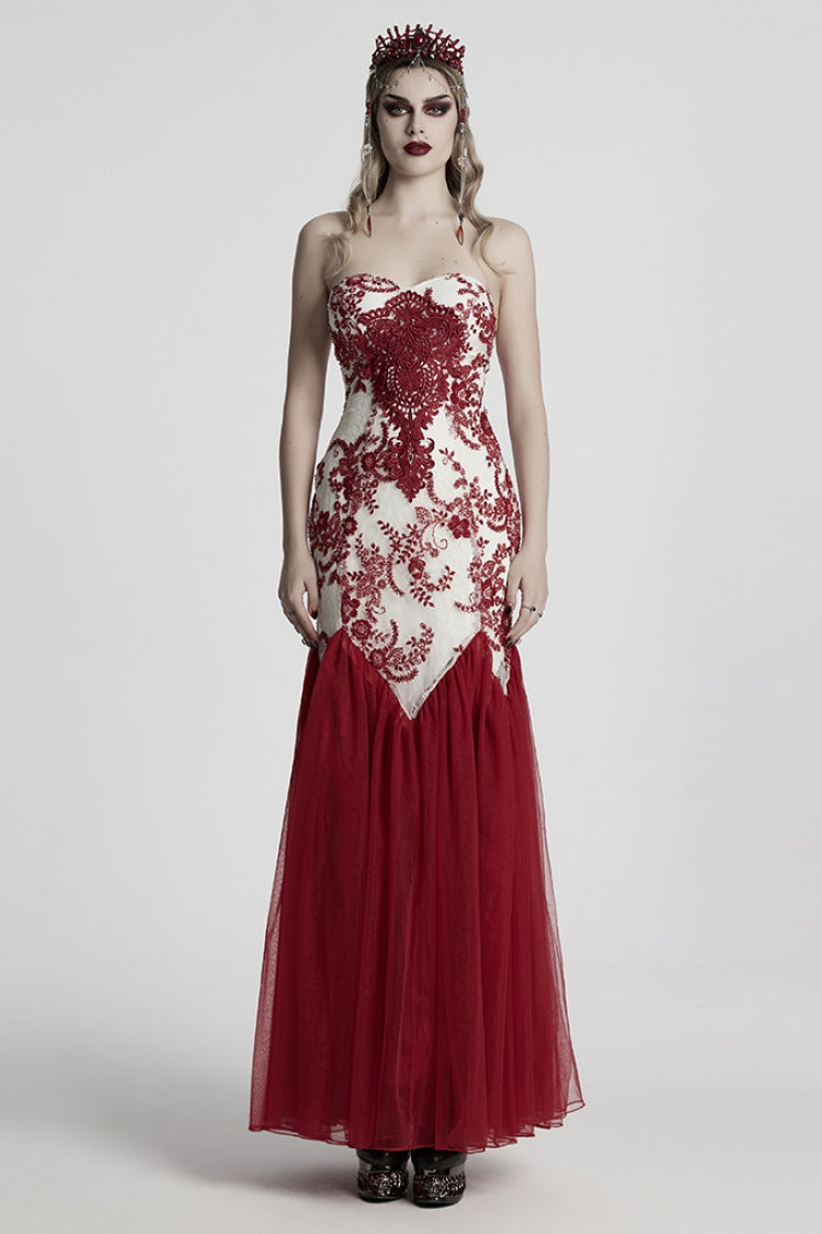 Red Off Shoulder Embroidery Lace Slim Women's Gothic Gown Fishtail Dress