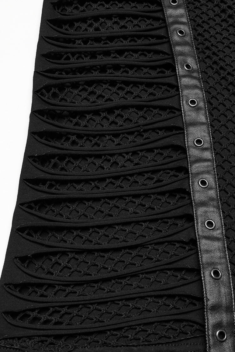 Black Round Collar Sleeveless Stitching Mesh Buckle Men's Punk Vest