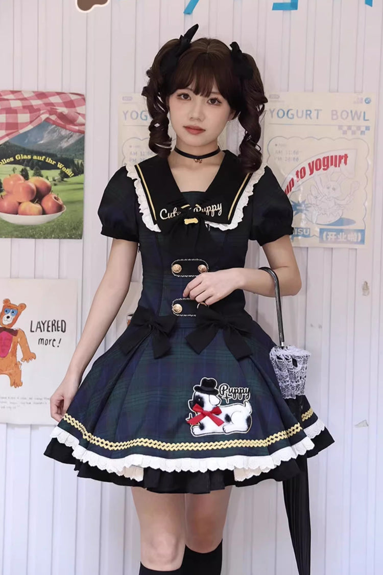 Blue [Dalmatian] Short Sleeves Print Ruffle Bowknot Slim Sweet Lolita Dress